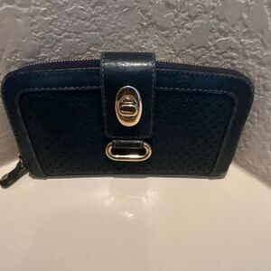 Jimmy Choo Turn Lock Zip Around Long Wallet Dark Blue Perforated Leather